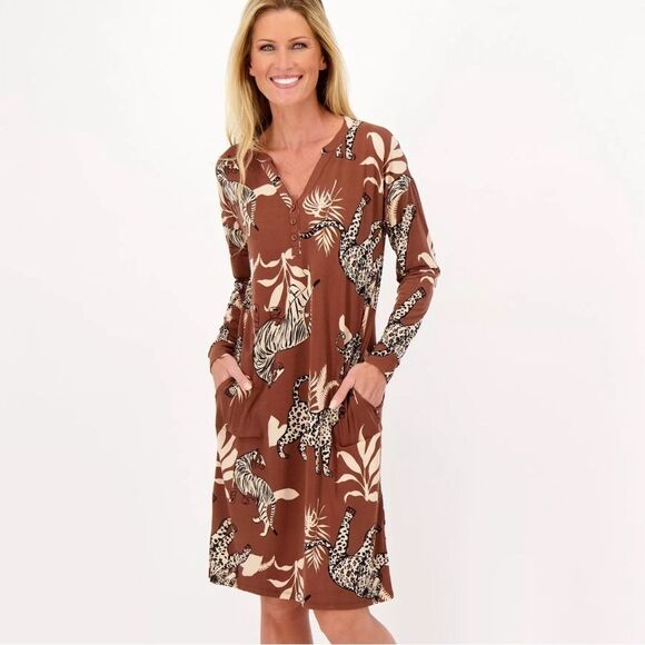 Breezies Lounge Blissful Breeze Brown Henley Knit Sleep Dress Size Small - Picture 1 of 10